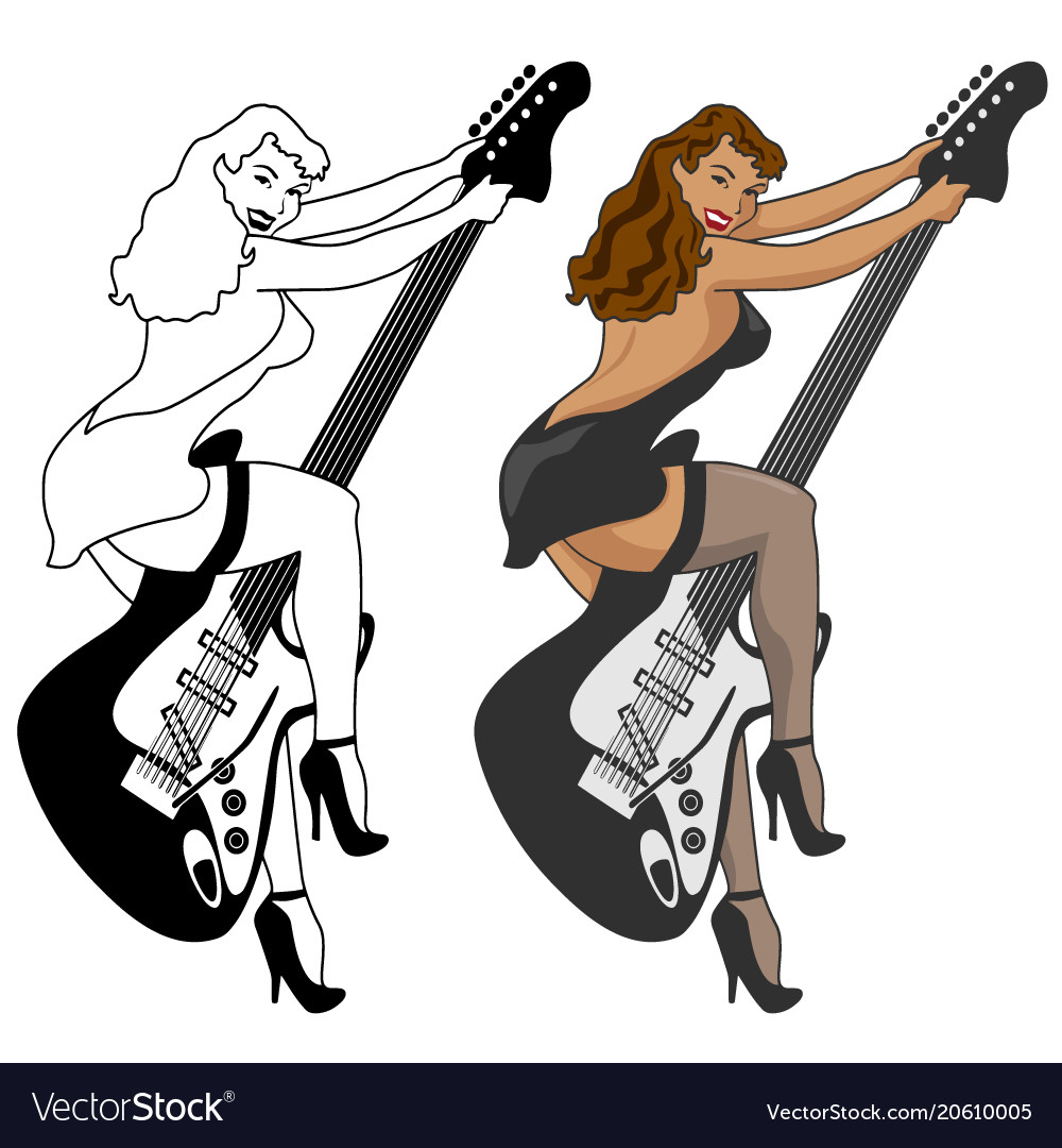 Vintage style pin-up girl riding electric guitar Vector Image