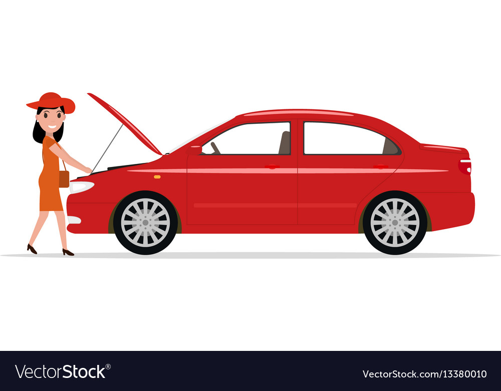 Cartoon woman opened hood automobile Royalty Free Vector