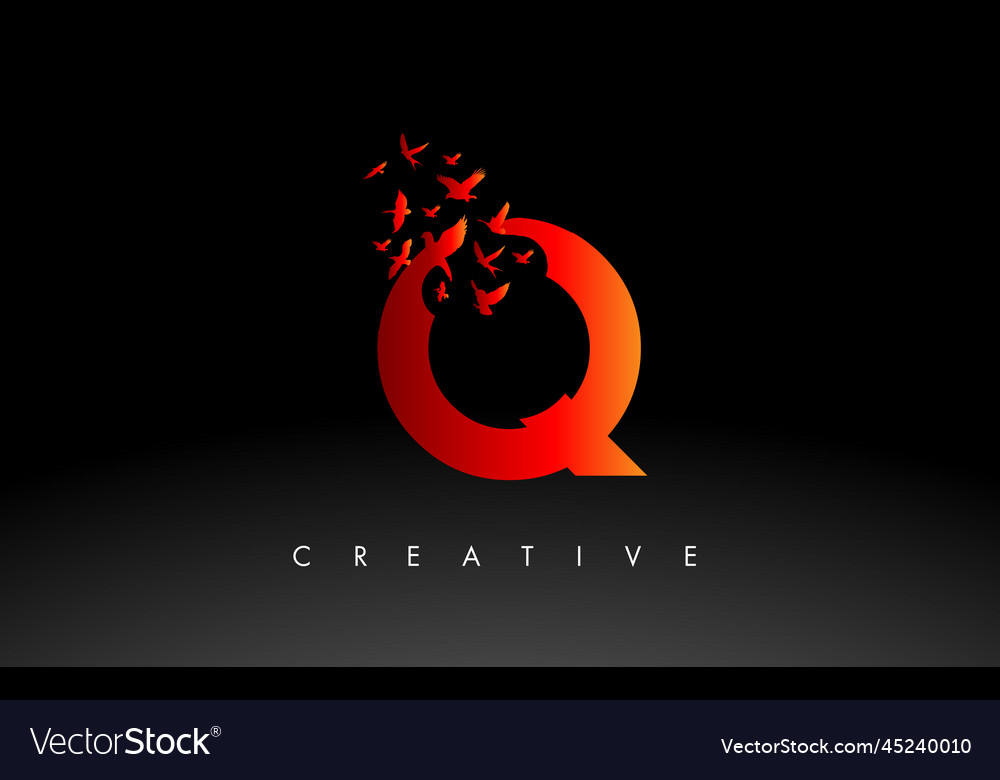 Red q logo letter with flock of birds flying Vector Image