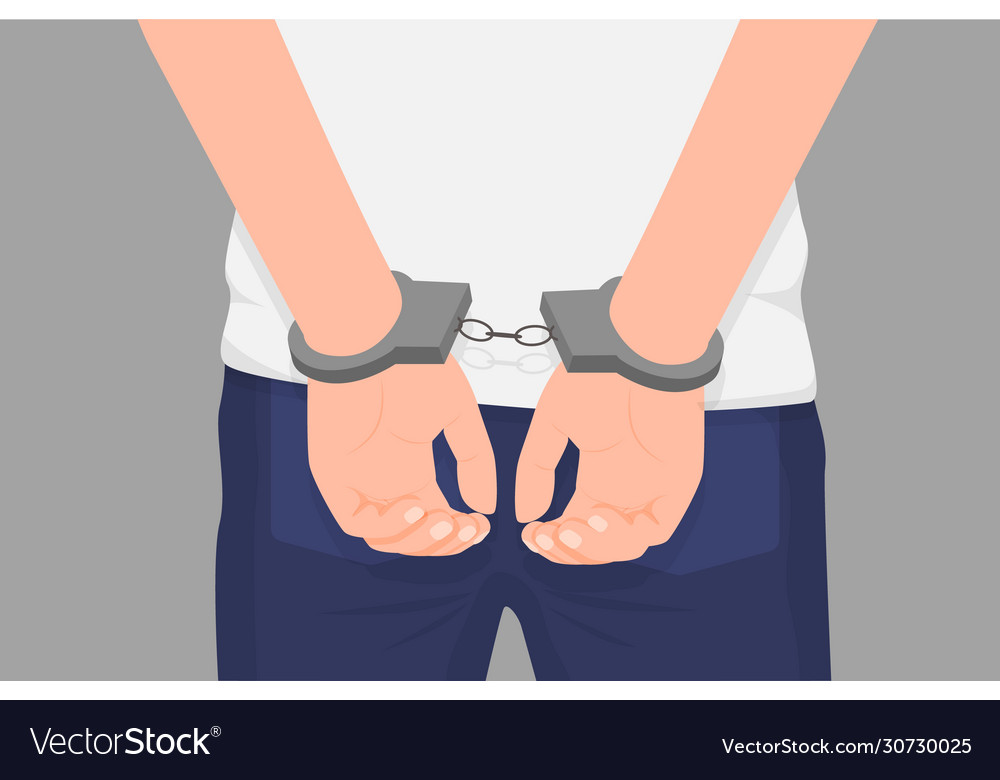Cartoon crime man hands in handcuff at back Vector Image