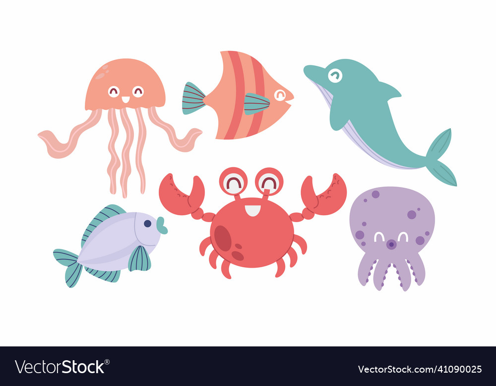 Hand drawn flat design sea animals set Royalty Free Vector