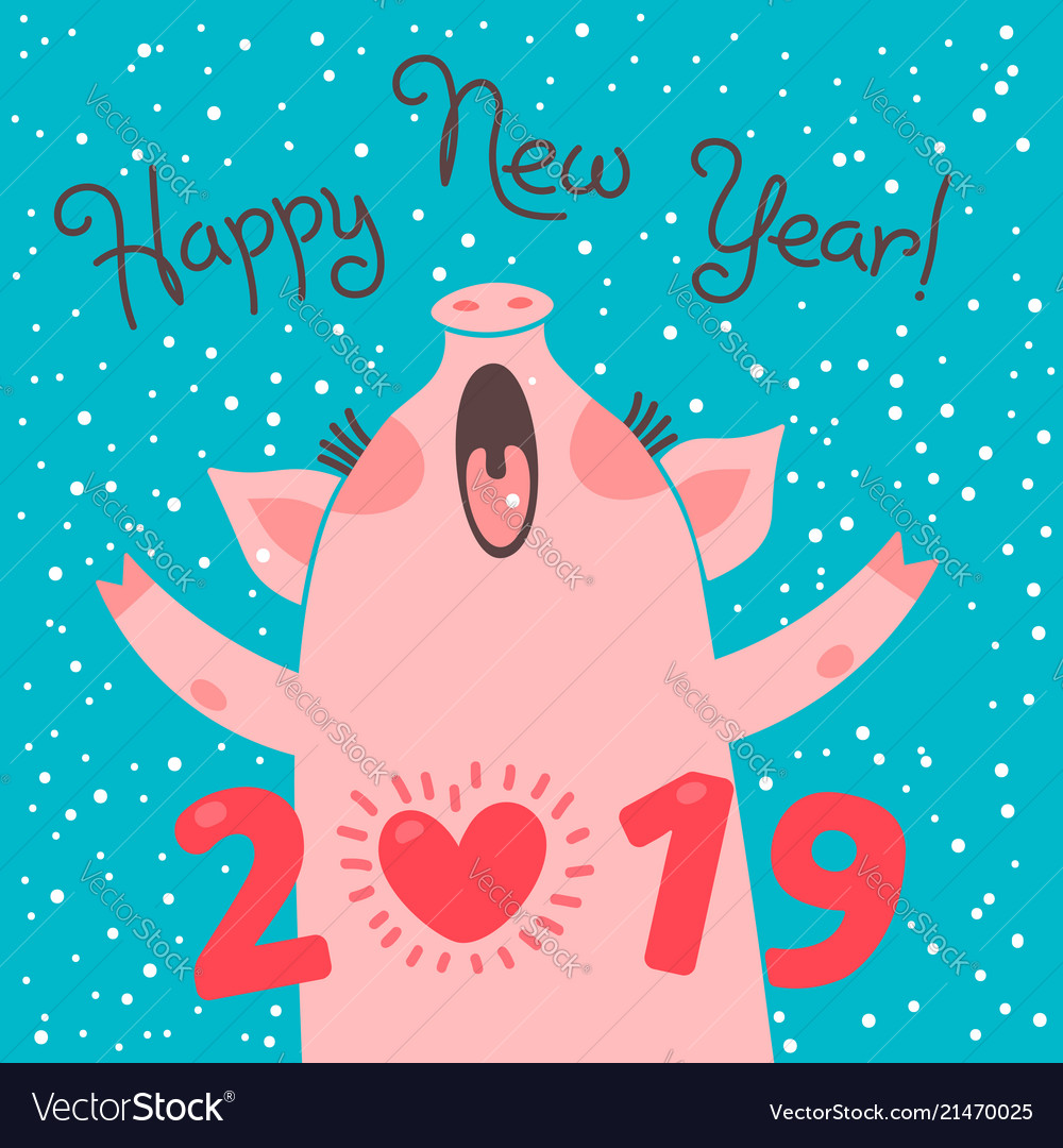 Happy 19 New Year Card Funny Piglet Royalty Free Vector