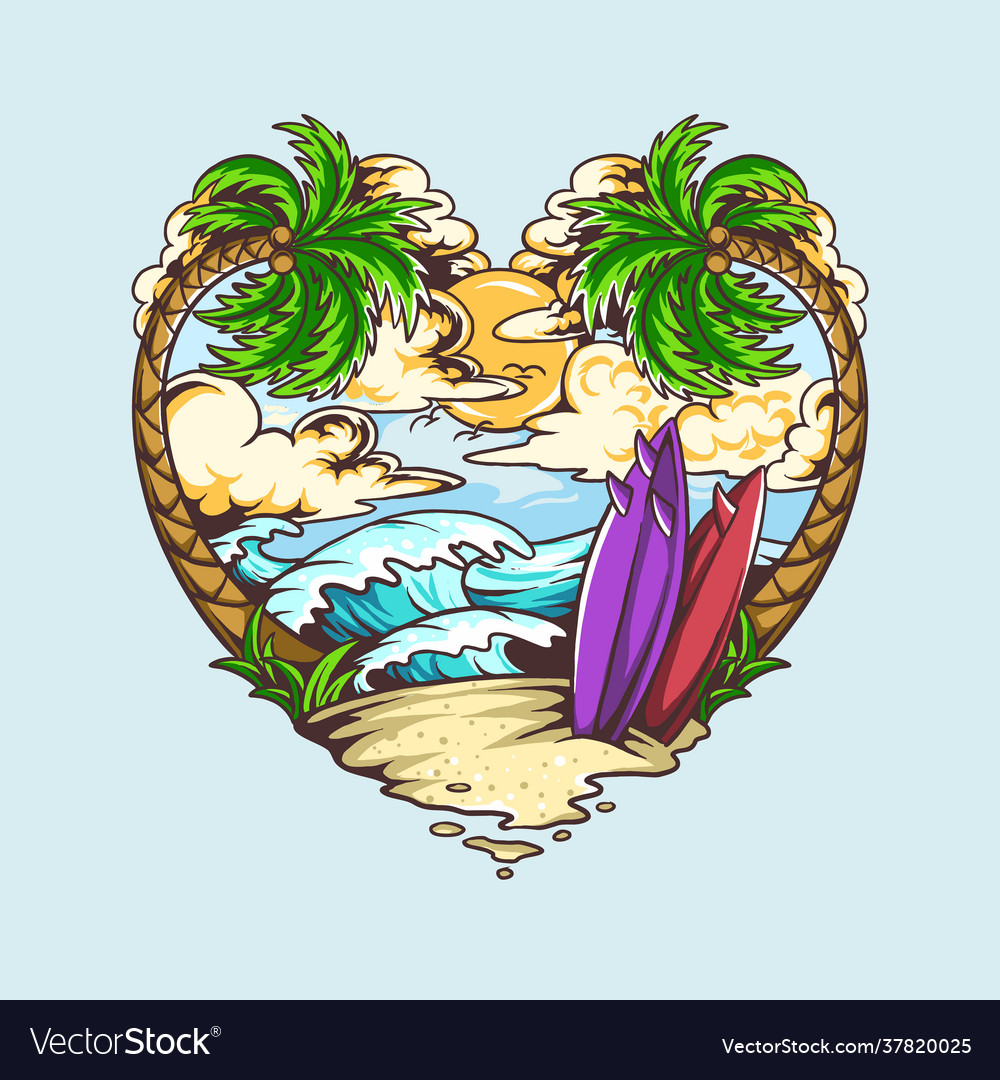 Summer love heart shape design contains beach vector image Summer love heart shape design contains beach