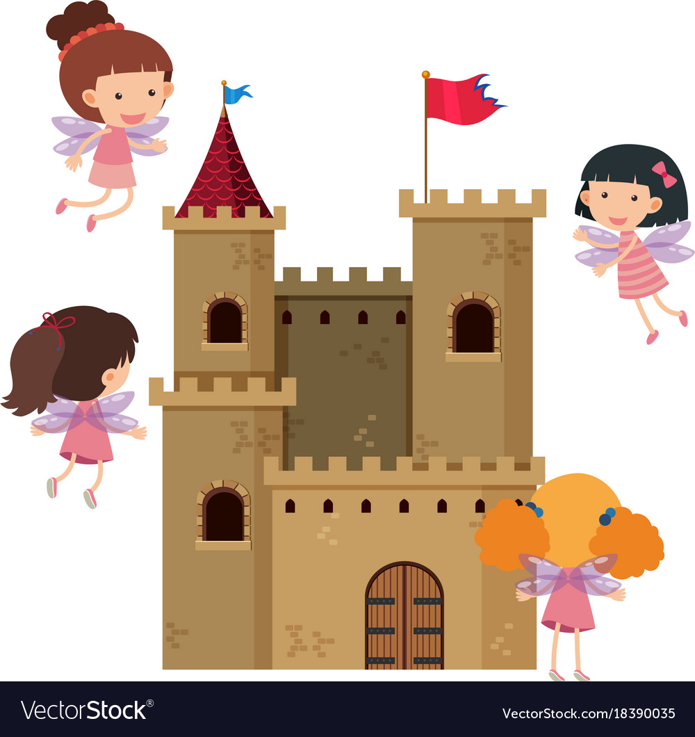 Castle towers with fairies flying around Vector Image