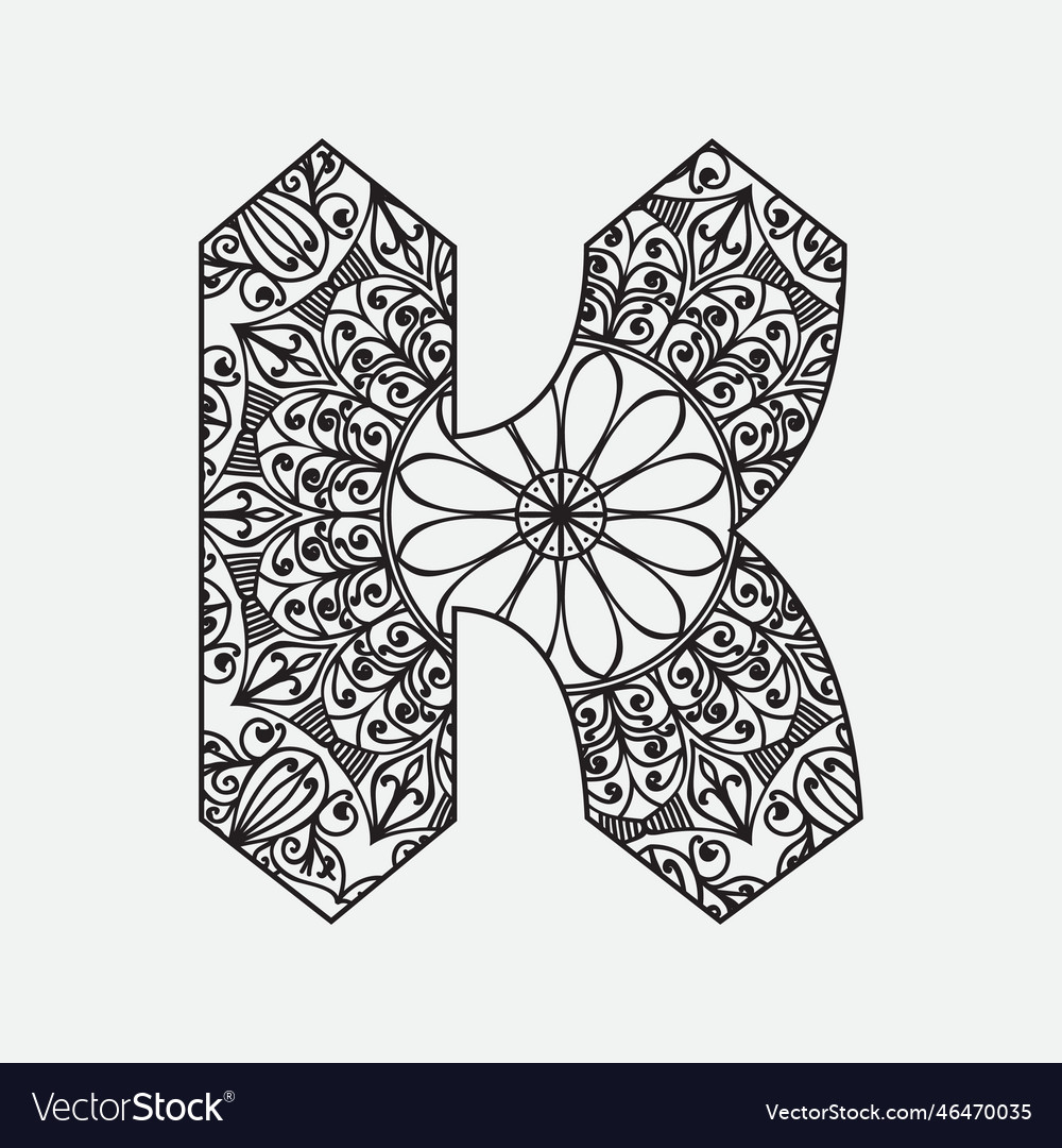 K Letter Mandala Coloring Page Doodle Royalty Free Vector