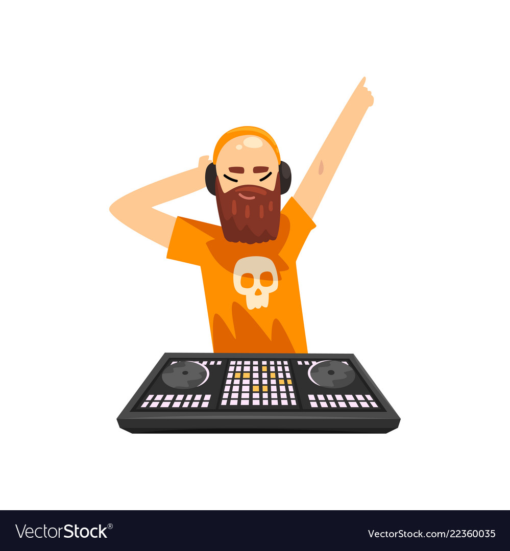 Male hipster dj in headphones playing track Vector Image