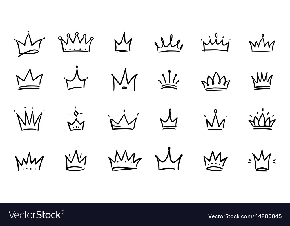 Doodle crown hand drawn set princess Royalty Free Vector