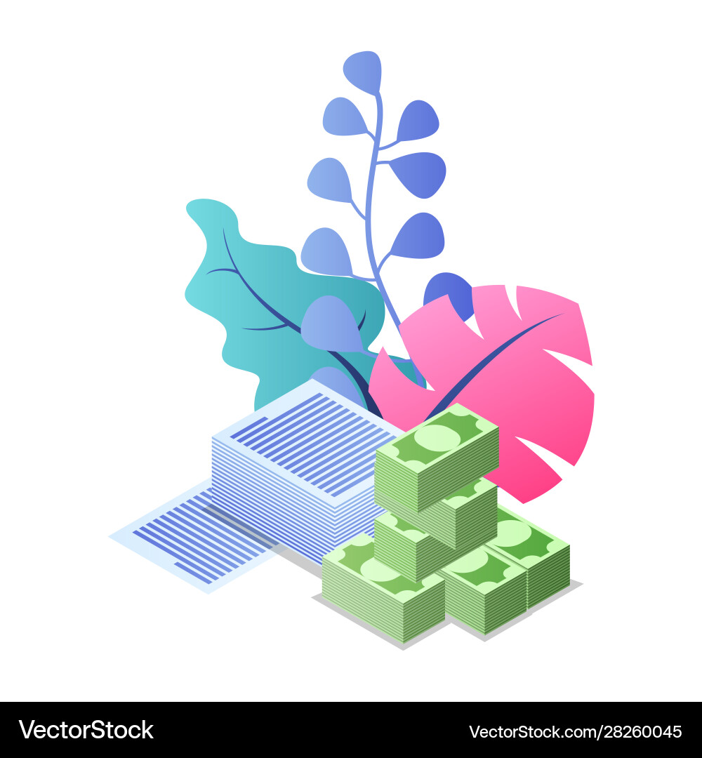 Piles papers and banknotes are near multicolor Vector Image