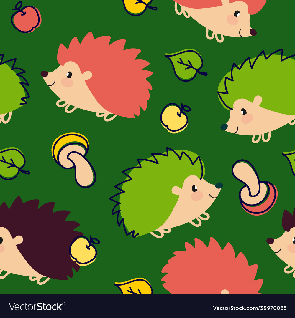 Hedgehog pattern cheerful on a green background Vector Image