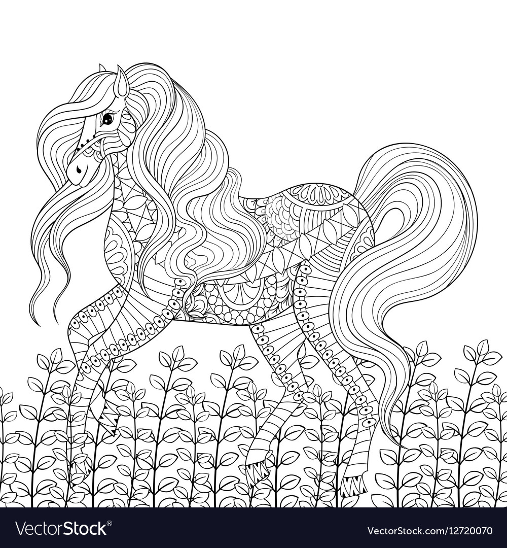 Racing Horse Adult Anti Stress Coloring Page Hand Vector Image