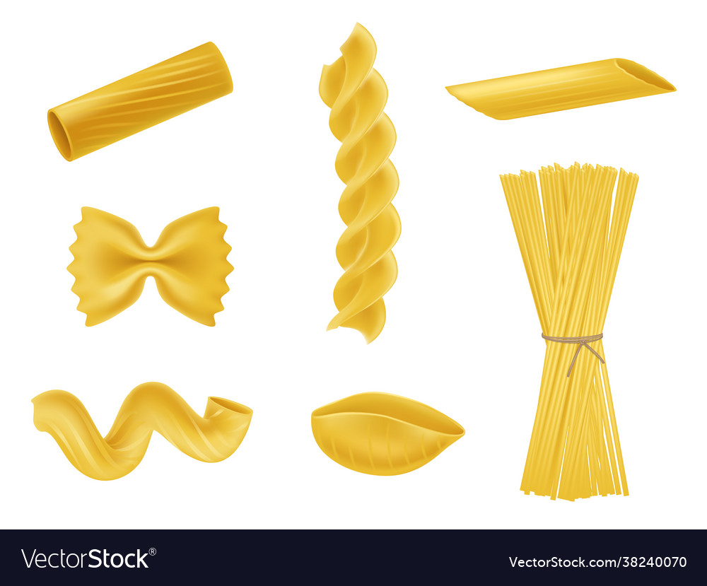 Set realistic icons dry macaroni pasta Royalty Free Vector