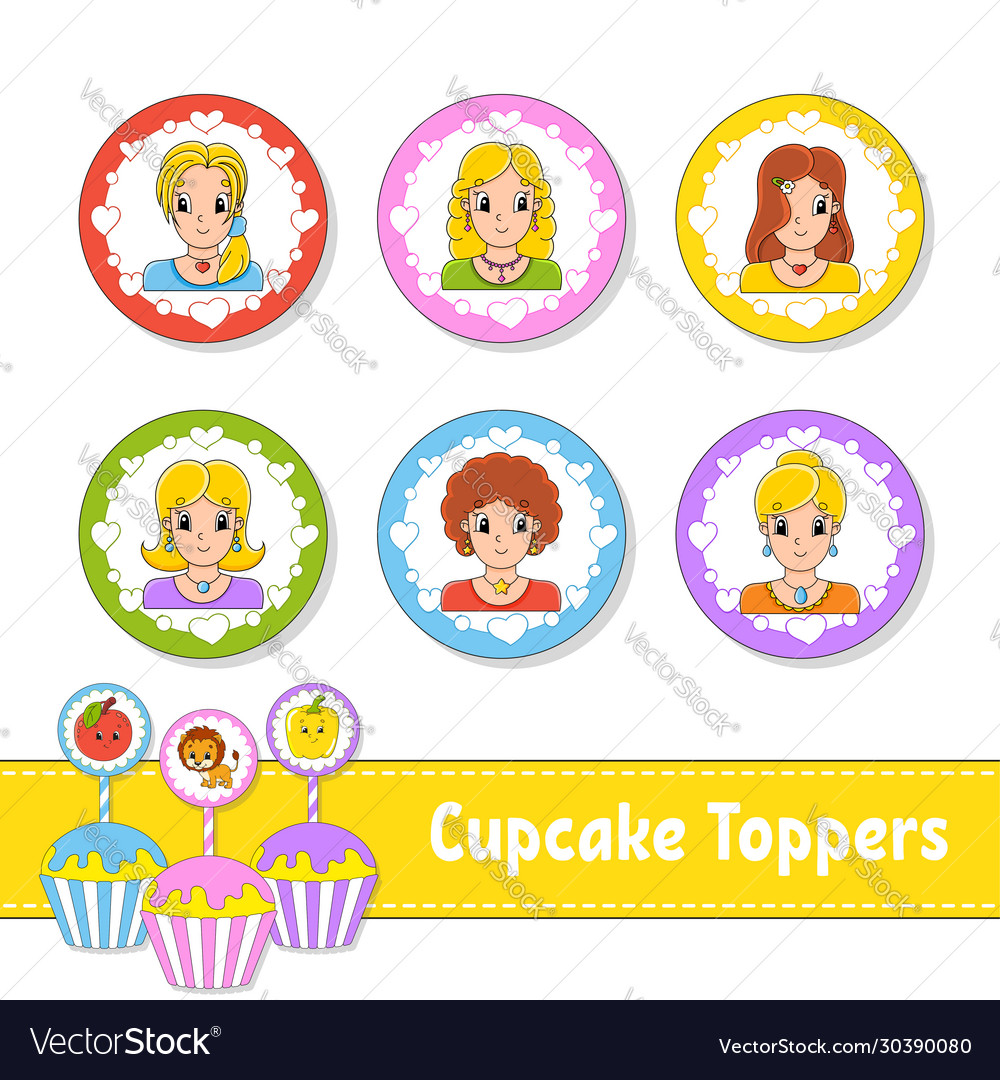 Cupcake toppers set six round pictures lovely Vector Image