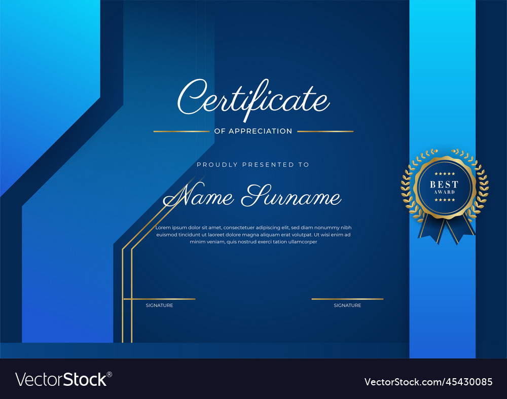 Elegant Blue And Gold Diploma Certificate Award Vector Image