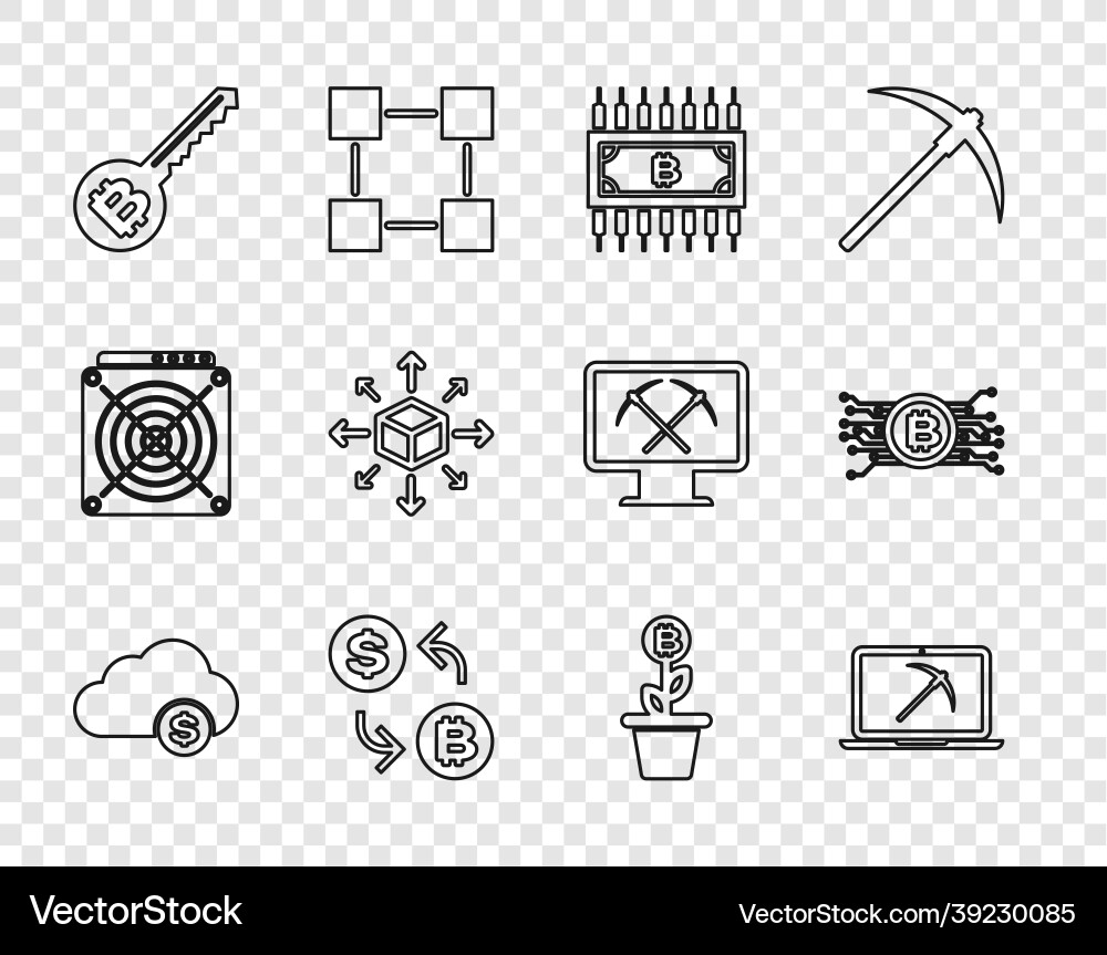 Set line cryptocurrency cloud mining mining Vector Image