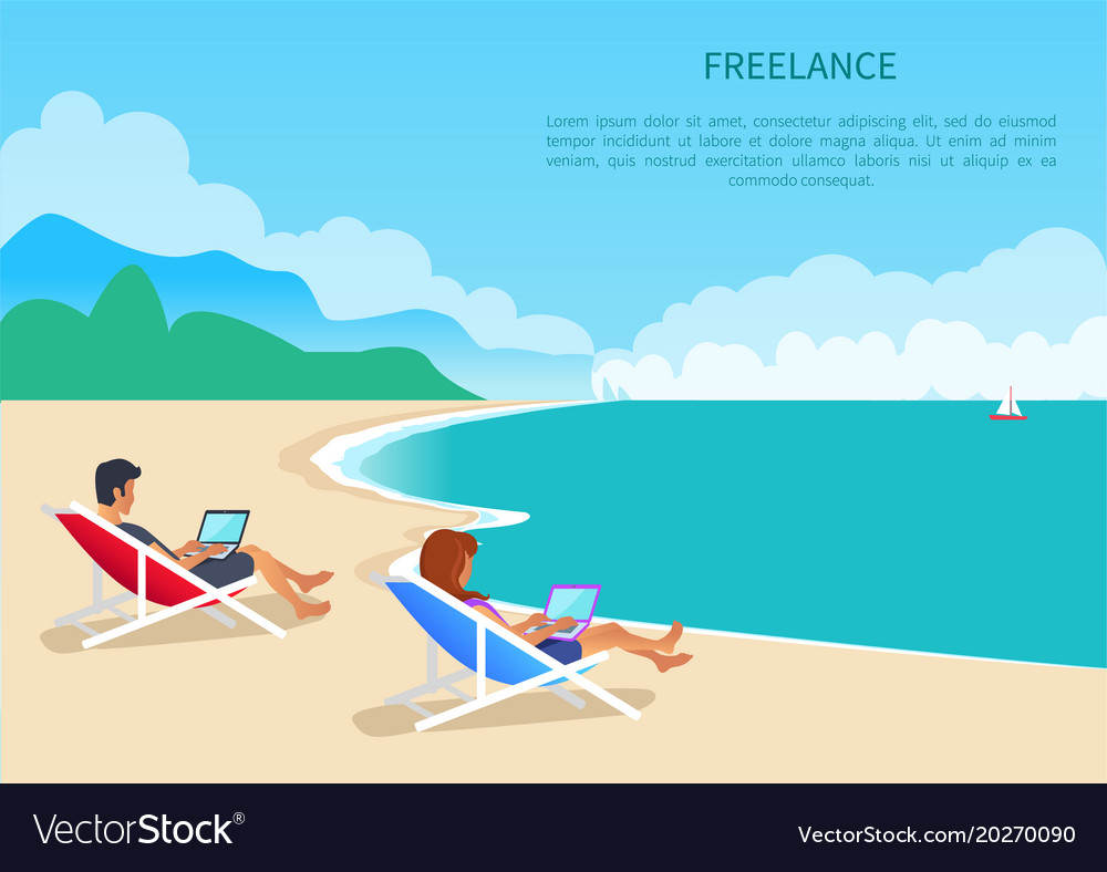 Freelance young man and woman lying in loungers Vector Image