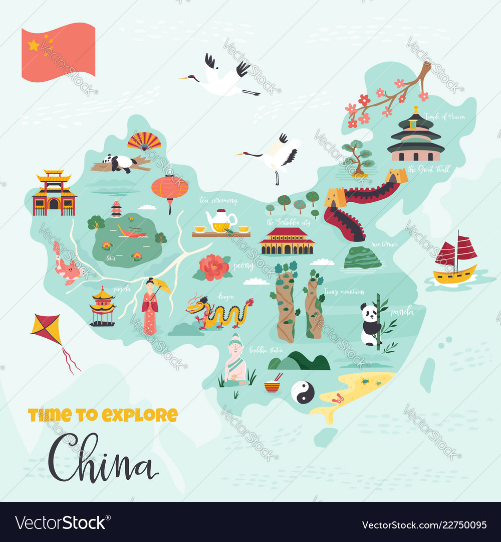 Chinese Cartoon Map With Destinations Symbols Vector Image | My XXX Hot ...