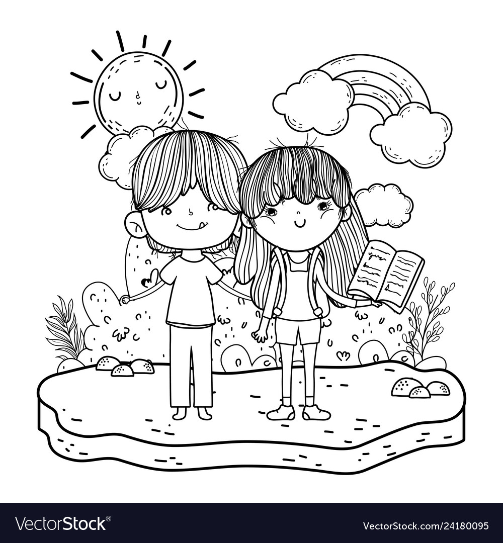 Happy Little Kids Reading Books In The Landscape Vector Image