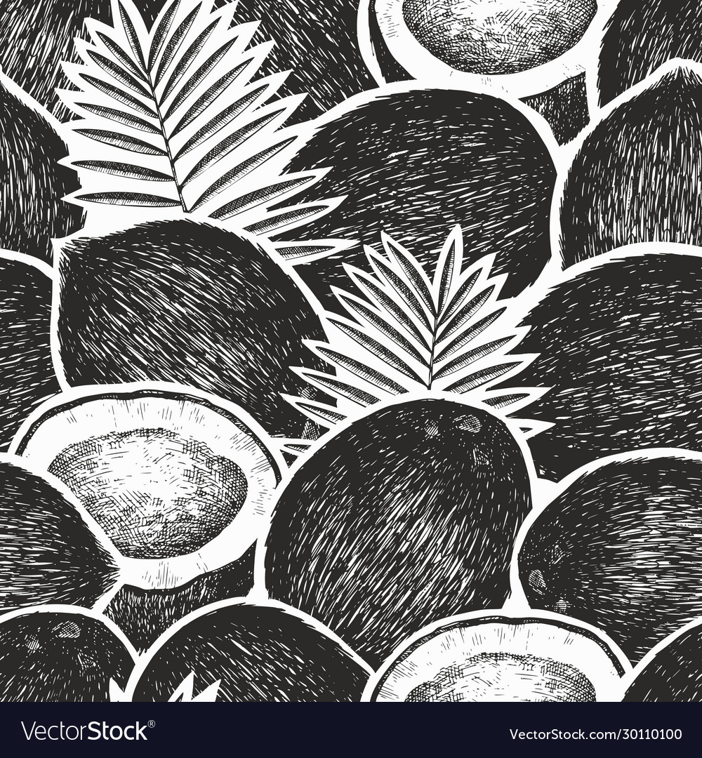 Coconut with palm leaves seamless pattern hand vector image Coconut with palm leaves seamless pattern hand