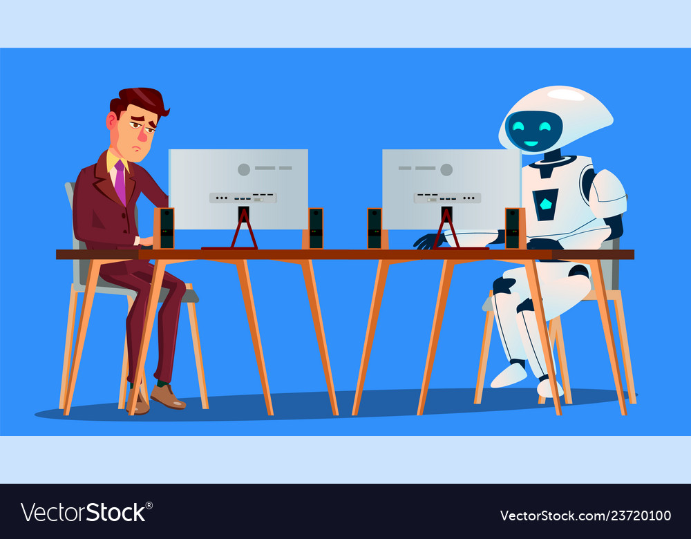 Working robot vs tired businessman Royalty Free Vector Image