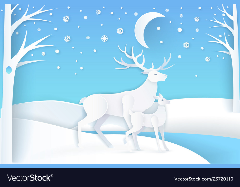 Deer and fawn in snowy forest at night Royalty Free Vector