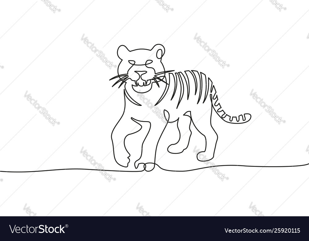 Continuous one line drawing tiger walking symbol