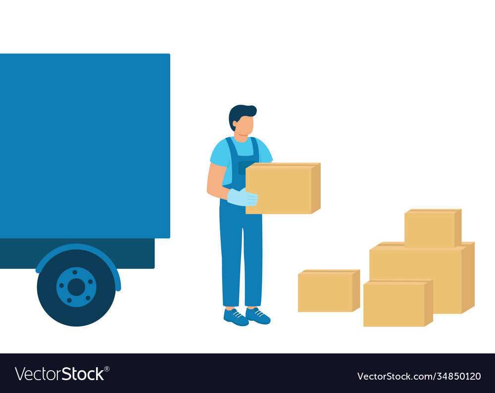 Loader man carries boxes goods unloading Vector Image