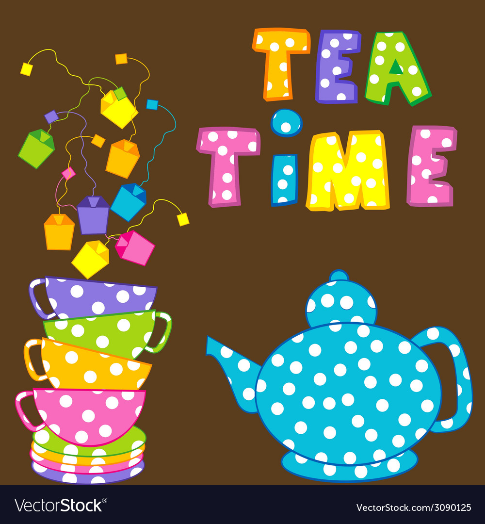 Tea time with stacked cups and kettle Royalty Free Vector