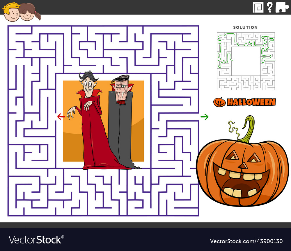 Maze with cartoon vampires and pumpkin Royalty Free Vector