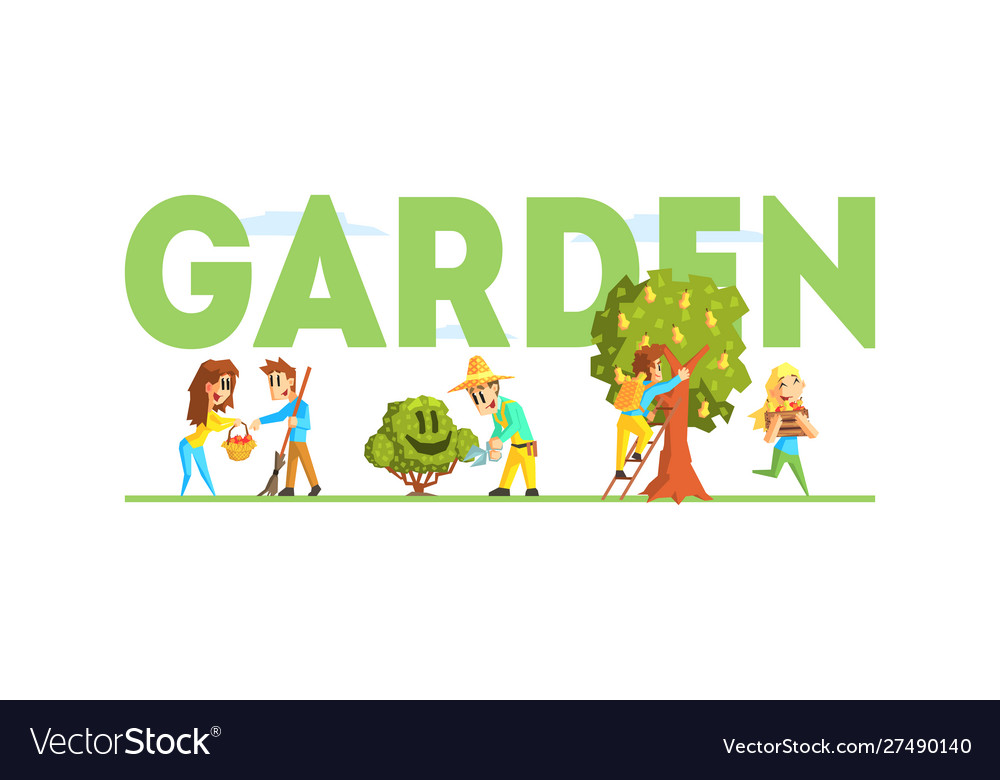 Garden word with little farmers characters working