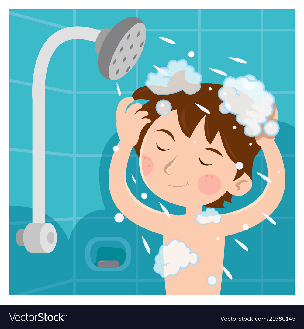 A child taking shower and he wash head Royalty Free Vector