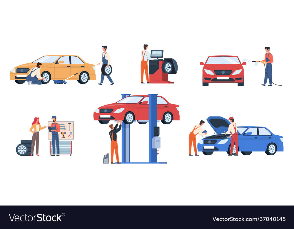 Car service workers people in repair process Vector Image