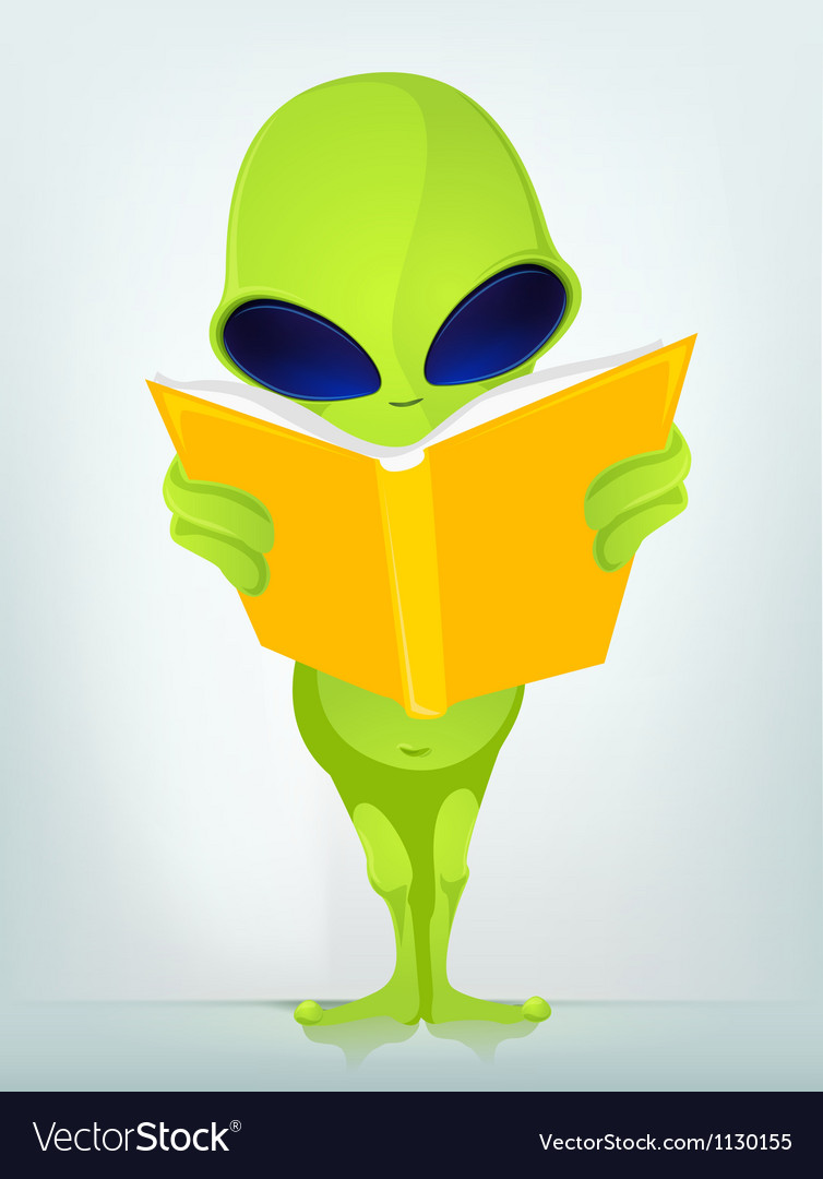 Cartoon book reading alien royalty free vector image