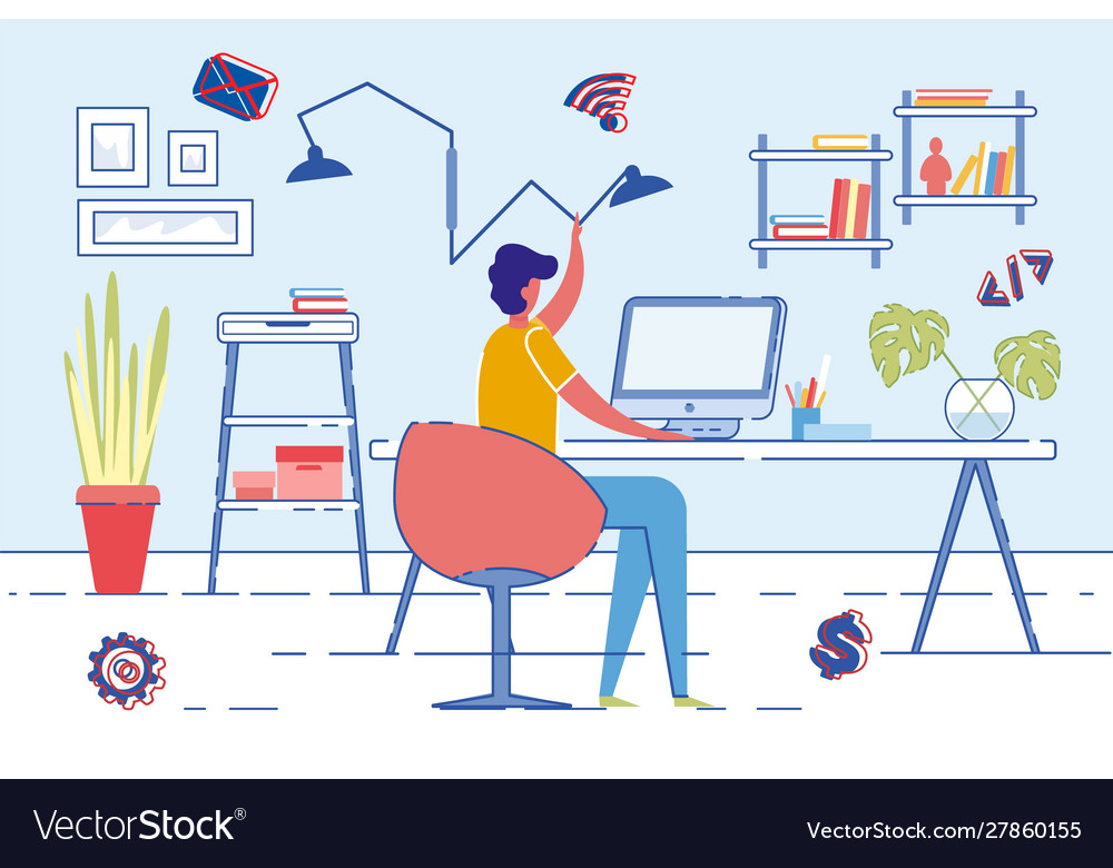 Male Person Working At Home In Front Computer Vector Image