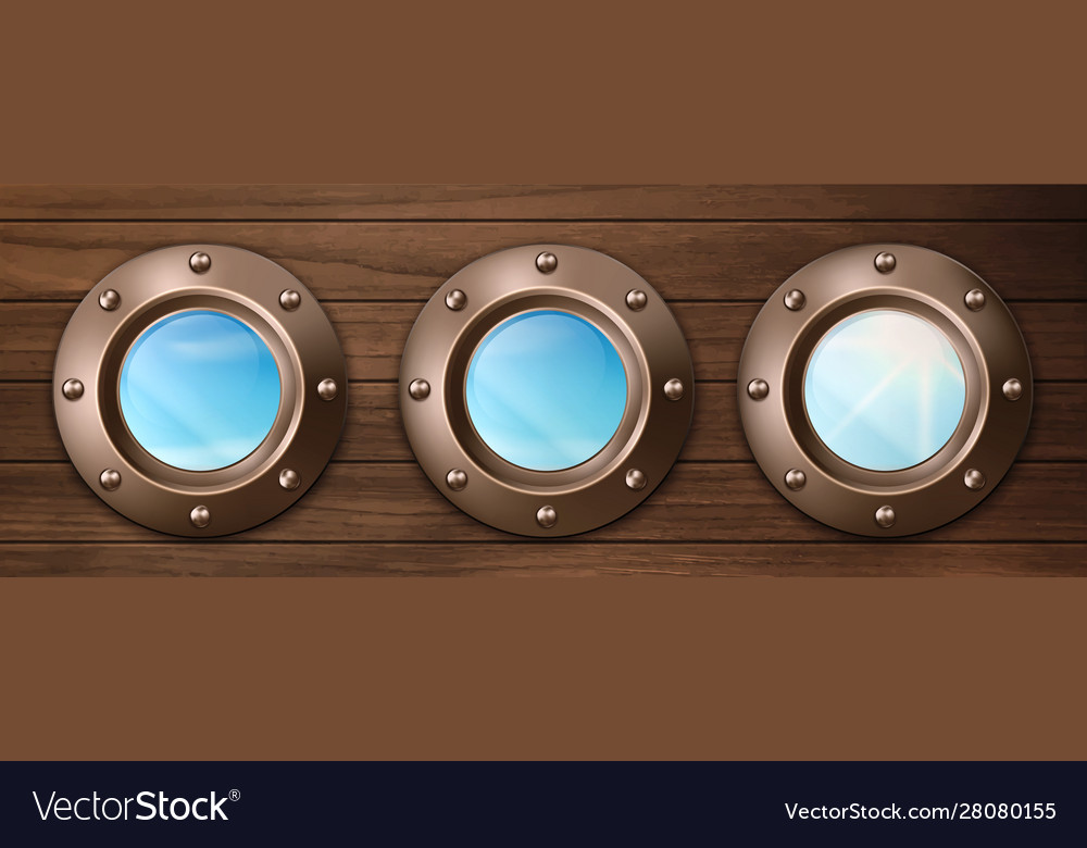 Ship portholes on wooden wall with sky view Vector Image