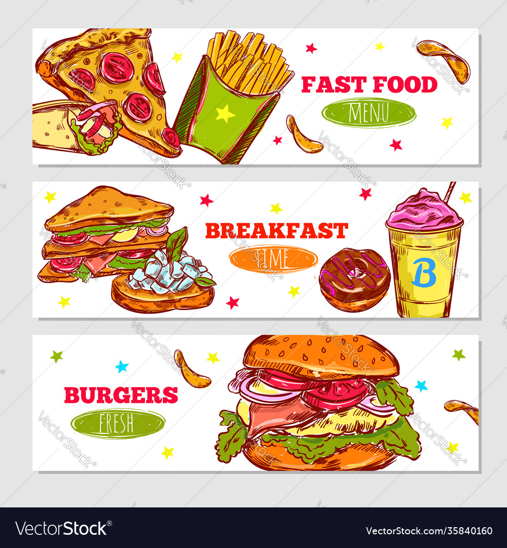 Fast food sketch horizontal banners Royalty Free Vector