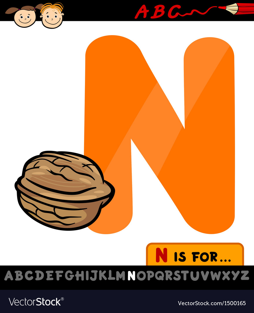 Letter n with nut cartoon Royalty Free Vector Image