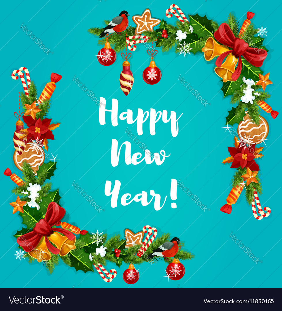 New year tree holly and garland frame Royalty Free Vector