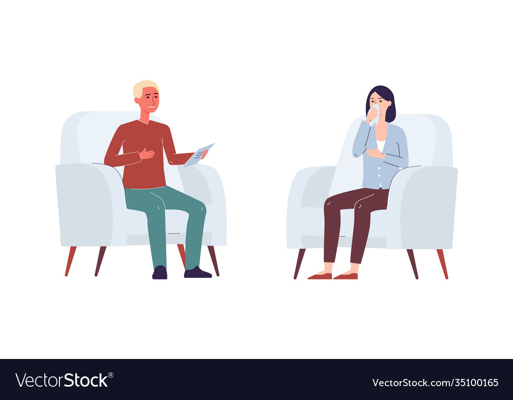 Psychologist talks to a sad female patient flat Vector Image