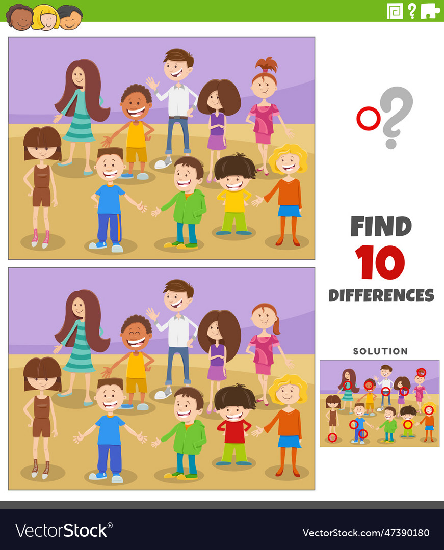 Differences game with cartoon children or teens Vector Image