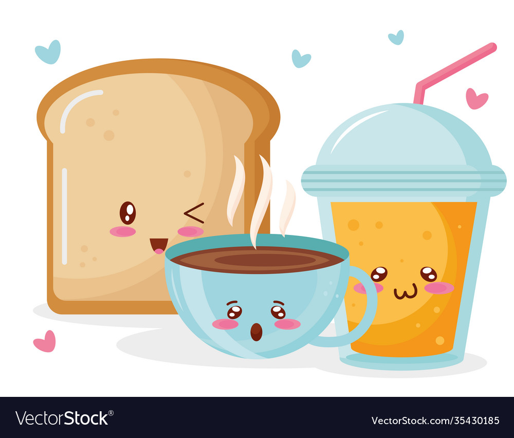 Bread with coffee and juice fruit food kawaii Vector Image