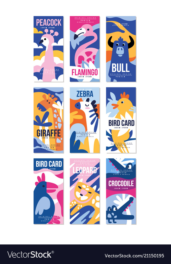 Birds and animals poster set design element