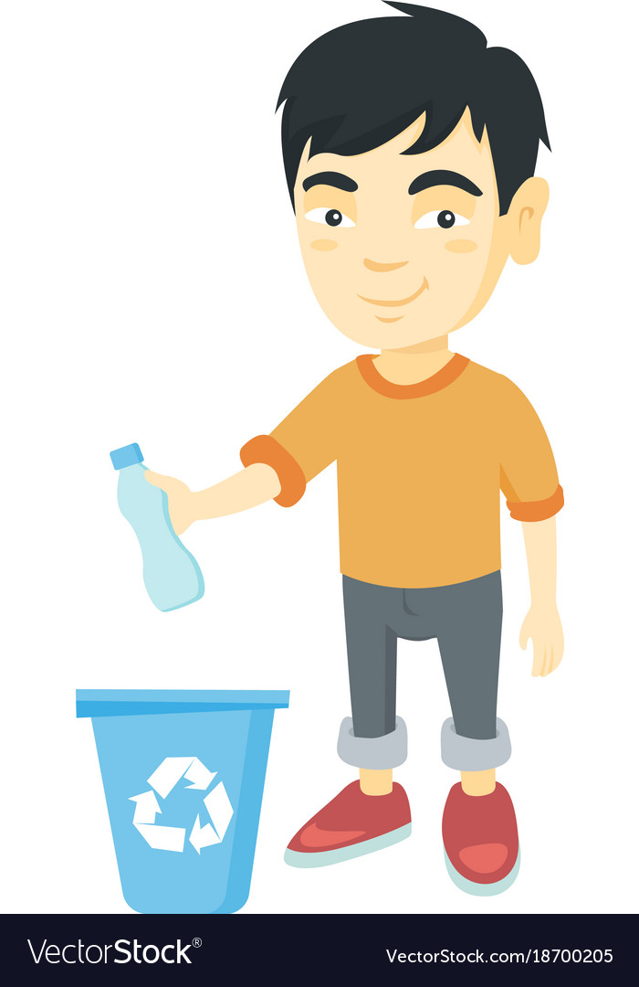 Boy throwing plastic bottle in recycle bin Vector Image