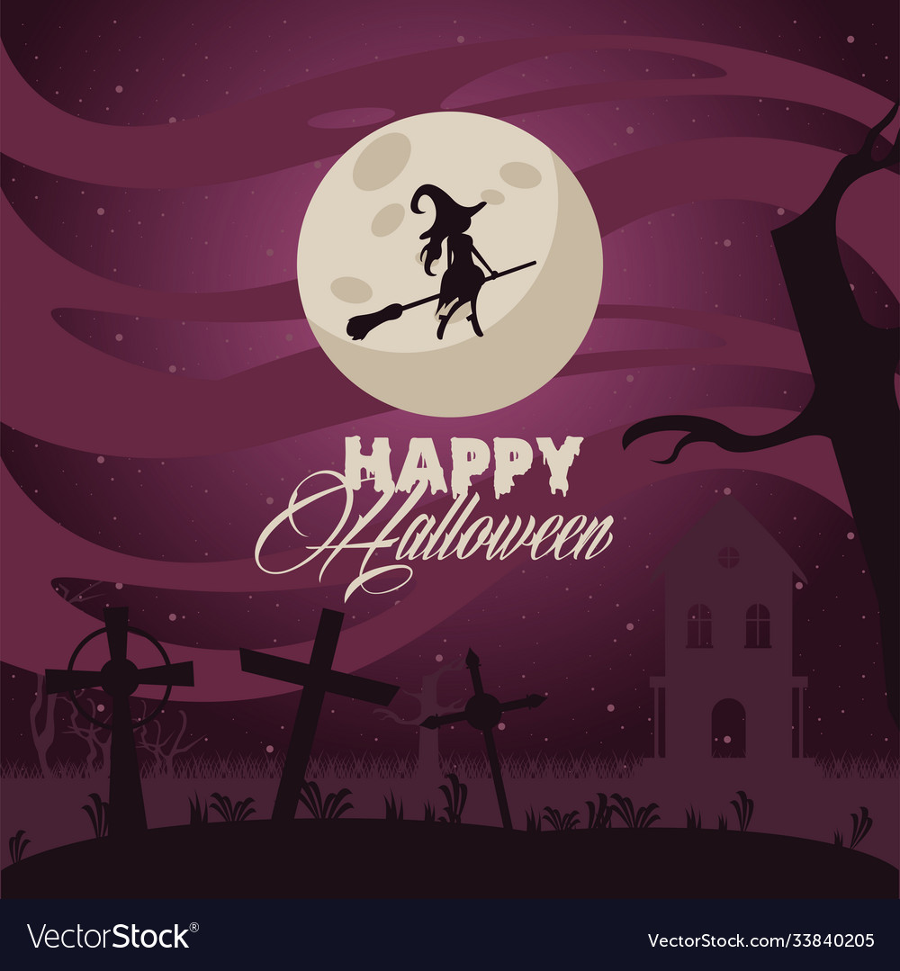 Happy Halloween Celebration Card With Witch Flying Happy Halloween Celebration Card With Witch Flying