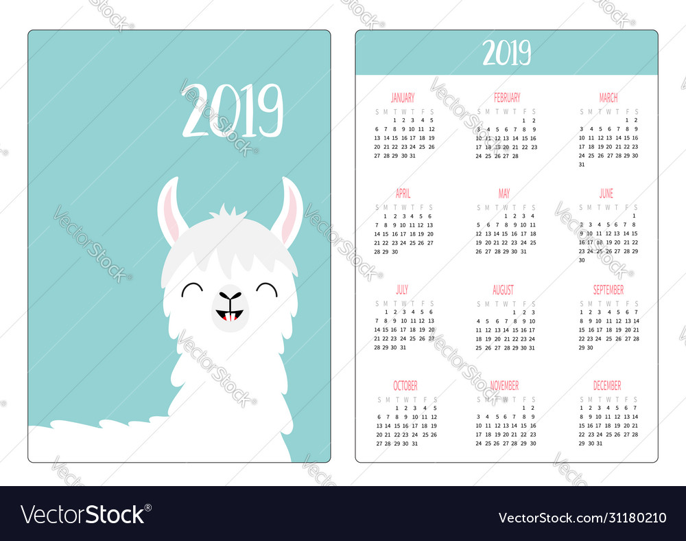 Alpaca llama smiling tooth simple pocket calendar Vector Image