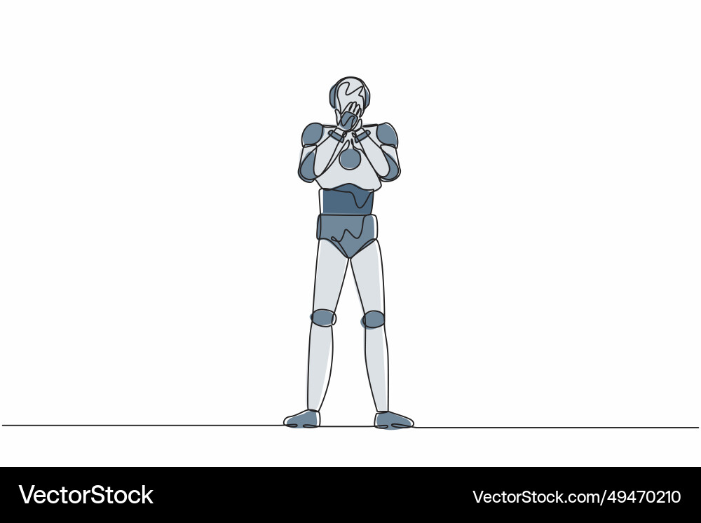 Single one line drawing robot covering mouth Vector Image