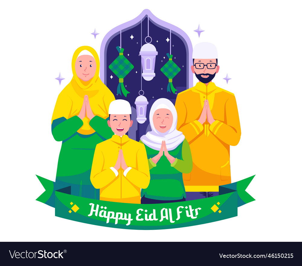 Happy Muslim Family And Greeting And Celebrating Vector Image