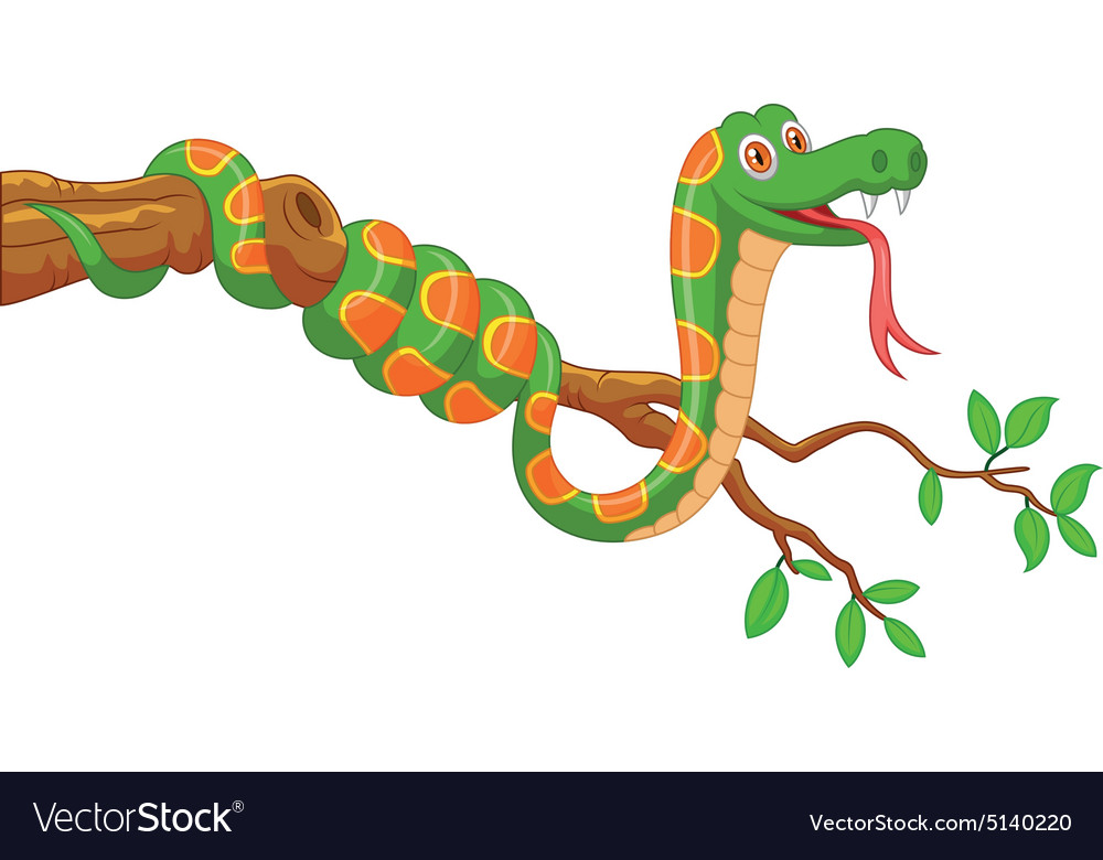 Cartoon green snake on branch Royalty Free Vector Image