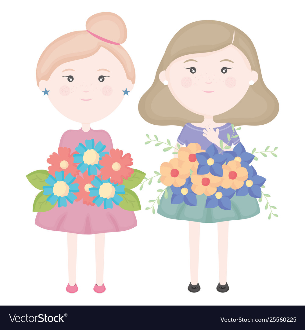 Cute little girls couple with flowers bouquet Vector Image