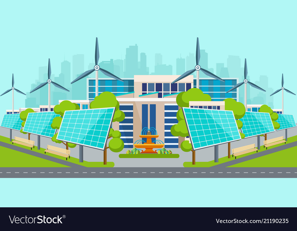 Solar Panels With Wind Turbines In City Royalty Free Vector 6498