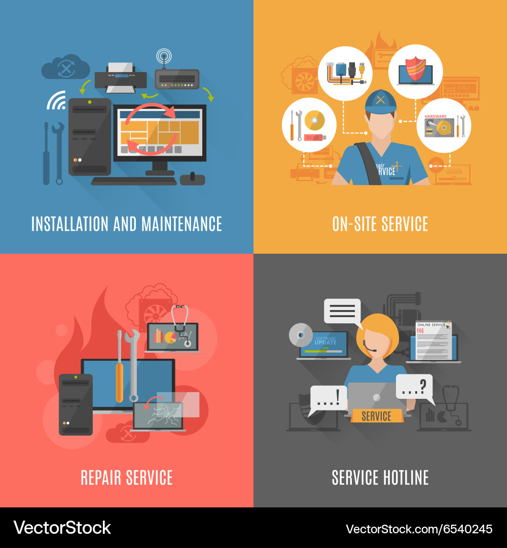 Computers repair 4 flat icons square Royalty Free Vector